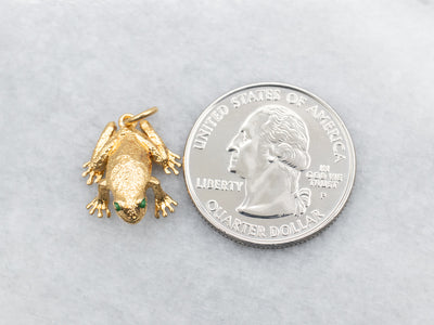Yellow Gold Frog Charm with Green Enamel Eyes