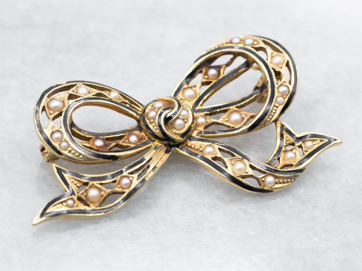 Yellow Gold Enamel and Seed Pearl Bow Brooch