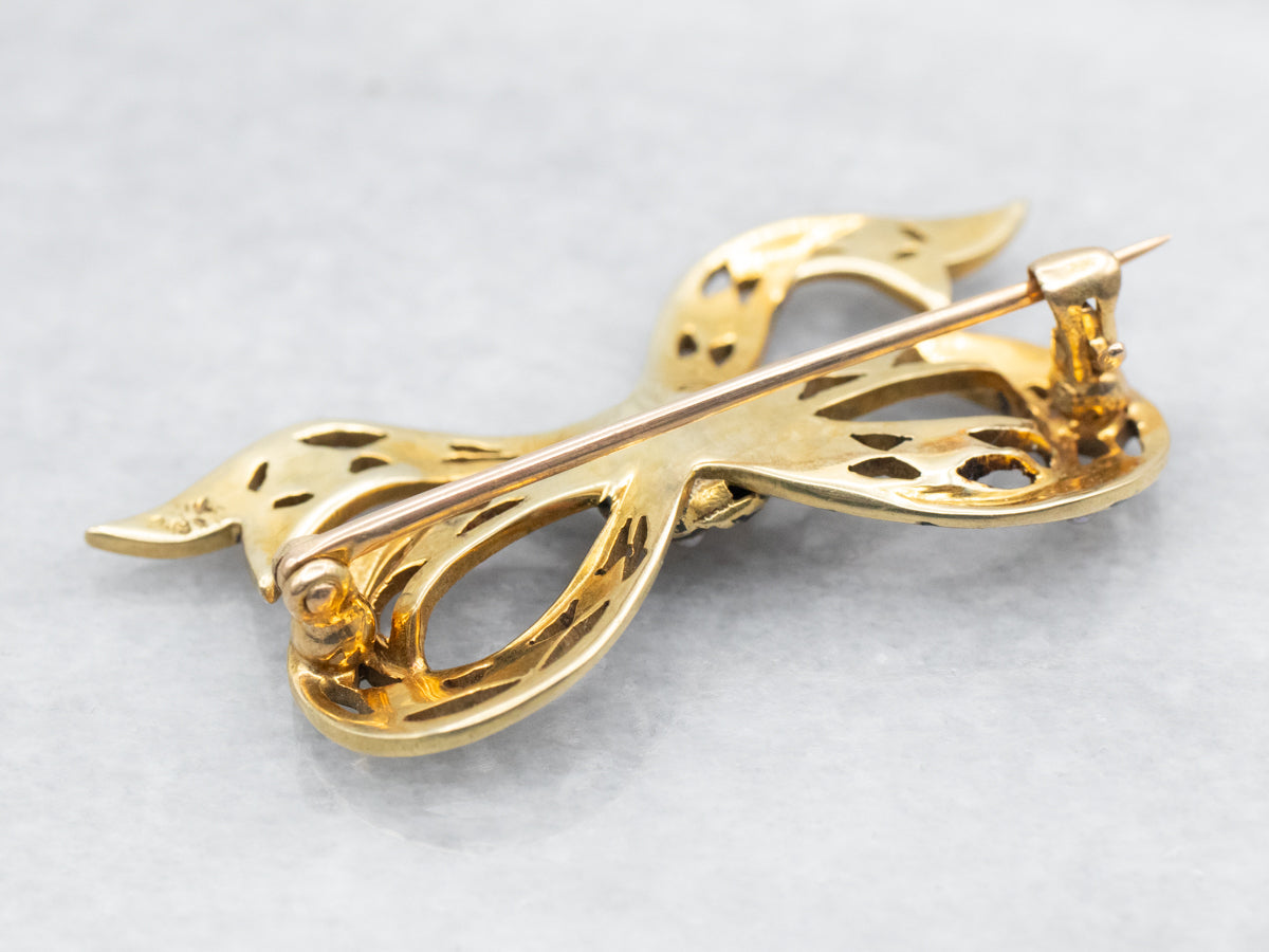 Yellow Gold Enamel and Seed Pearl Bow Brooch