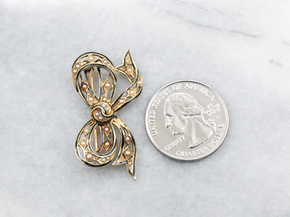 Yellow Gold Enamel and Seed Pearl Bow Brooch
