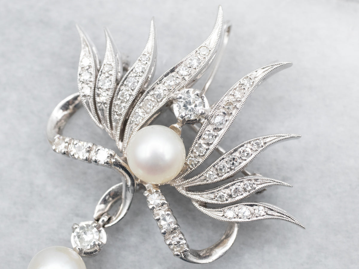 White Gold Pearl and Diamond Brooch or Pendant