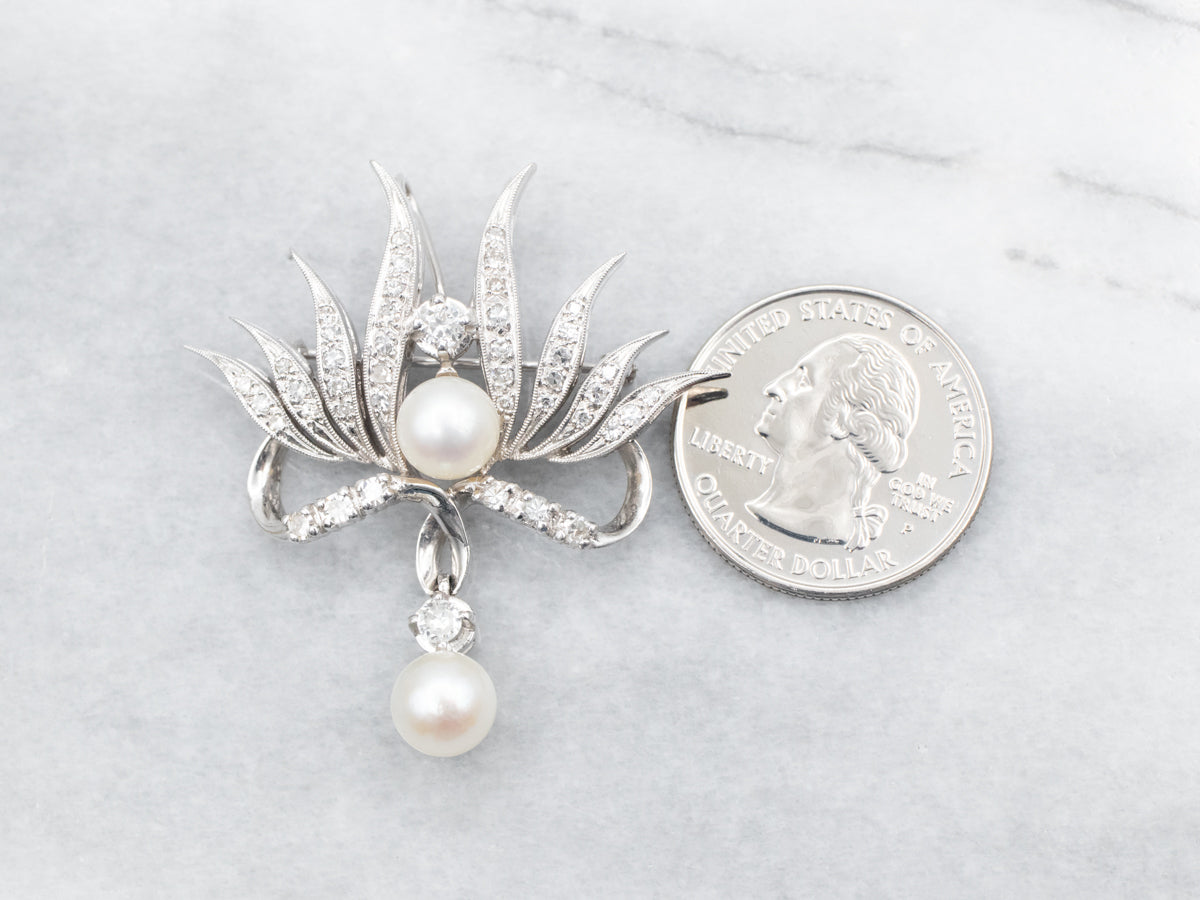 White Gold Pearl and Diamond Brooch or Pendant