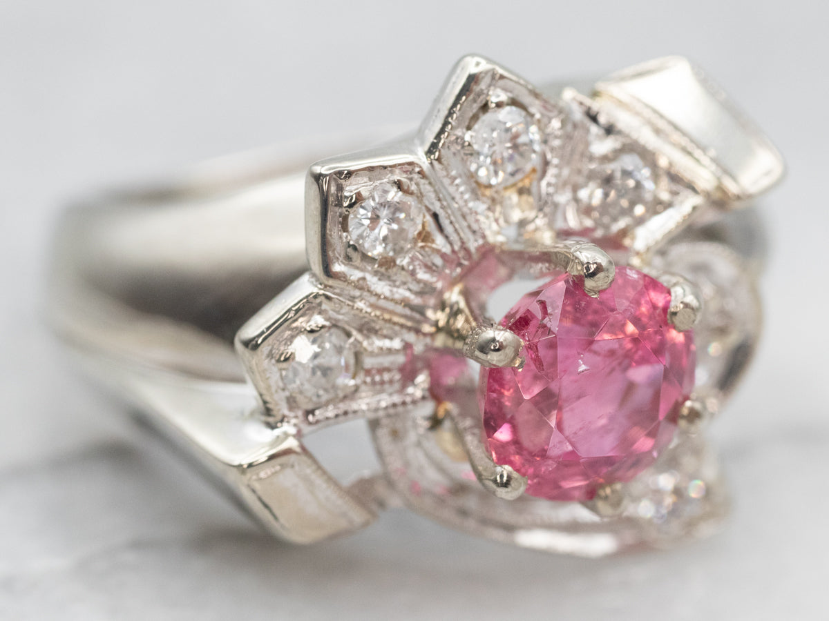 Stunning Retro Pink Tourmaline and Diamond Cocktail Ring