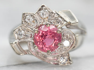 Stunning Retro Pink Tourmaline and Diamond Cocktail Ring
