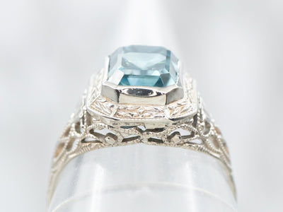 Art Deco Blue Zircon Filigree Solitaire Ring
