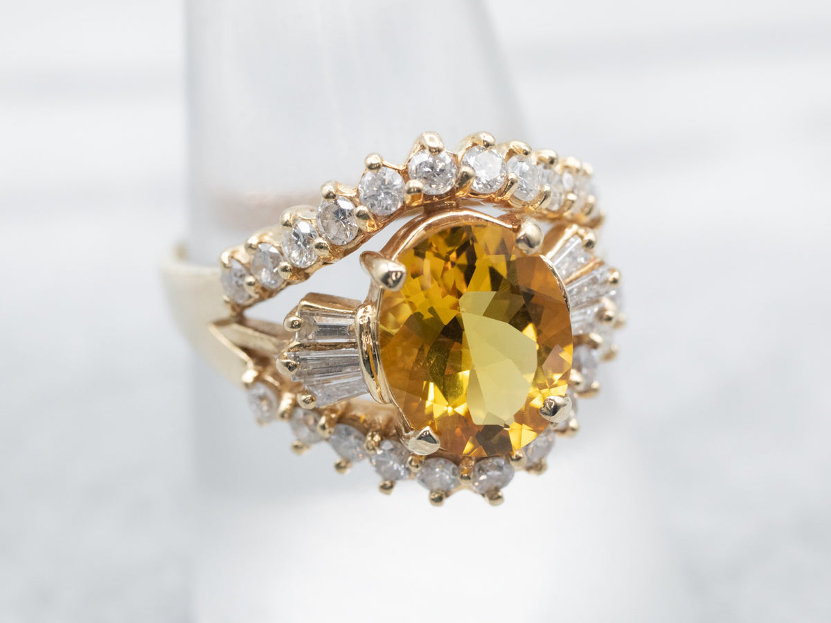 Gold Yellow Beryl and Diamond Cocktail Ring