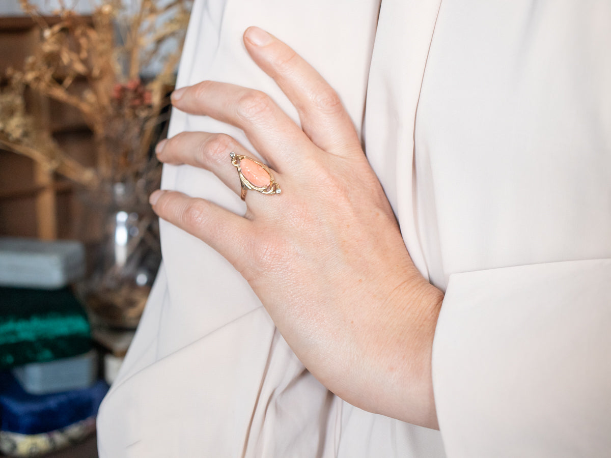 Art Nouveau Coral Cameo and Diamond Dinner Ring