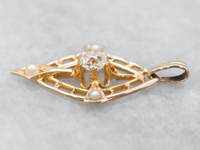 Old Mine Cut Diamond Buttercup Seed Pearl Lavalier Pendant