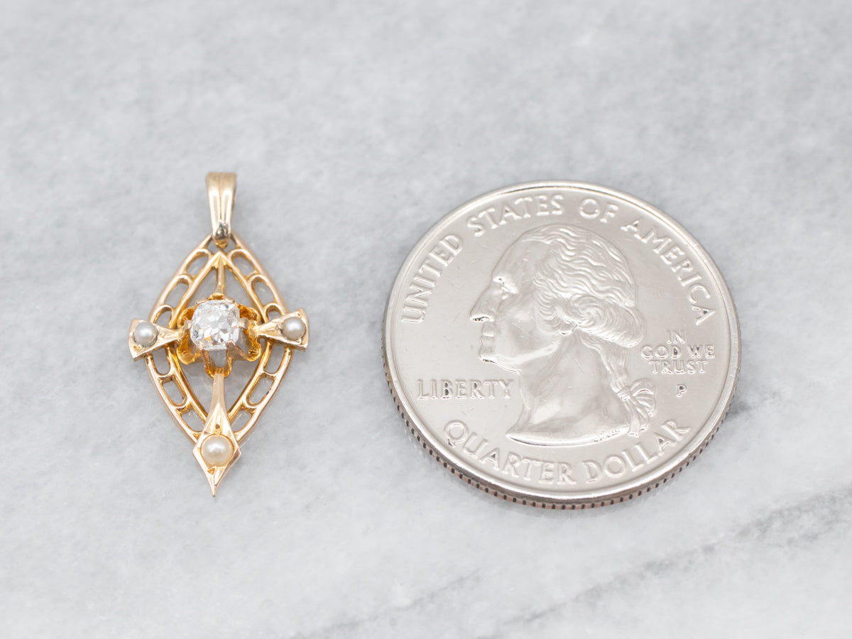 Old Mine Cut Diamond Buttercup Seed Pearl Lavalier Pendant