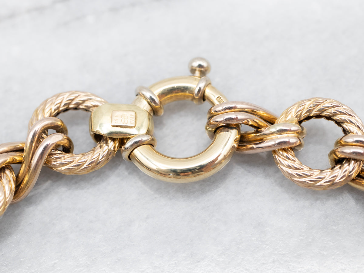 Sophisticated Yellow Gold Rope Ring Link Bracelet with Chunky Spring Ring Clasp
