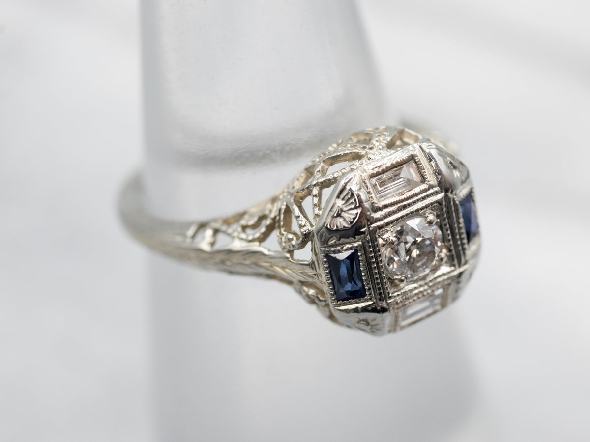 Anillo de compromiso Art Déco con diamantes y zafiro sintético