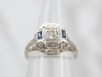 Art Deco Diamond and Synthetic Sapphire Engagement Ring