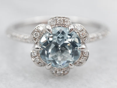 Floral Aquamarine and Diamond Halo Ring