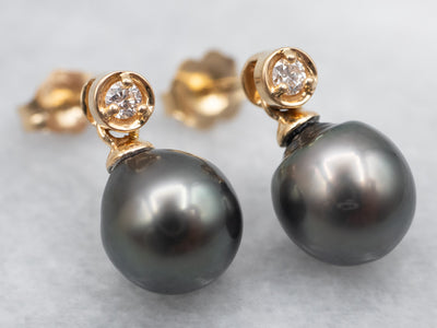 Sleek Black Pearl and Diamond Drop Earrings