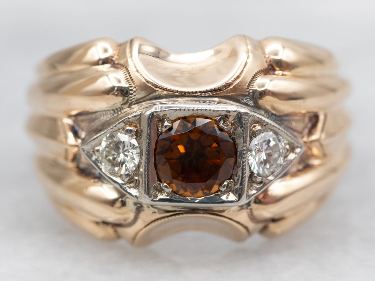 Anillo de diamantes y turmalina dravita de era retro para hombre