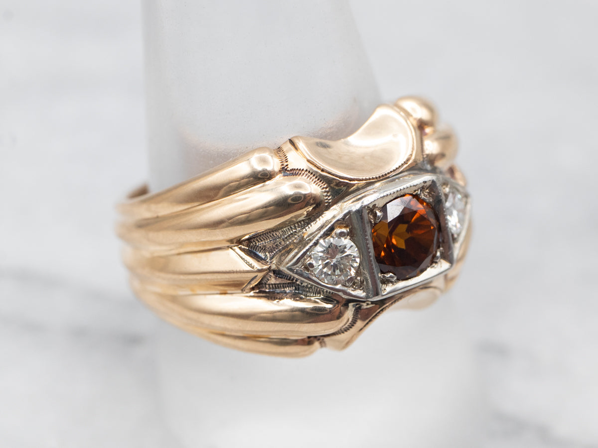 Anillo de diamantes y turmalina dravita de era retro para hombre