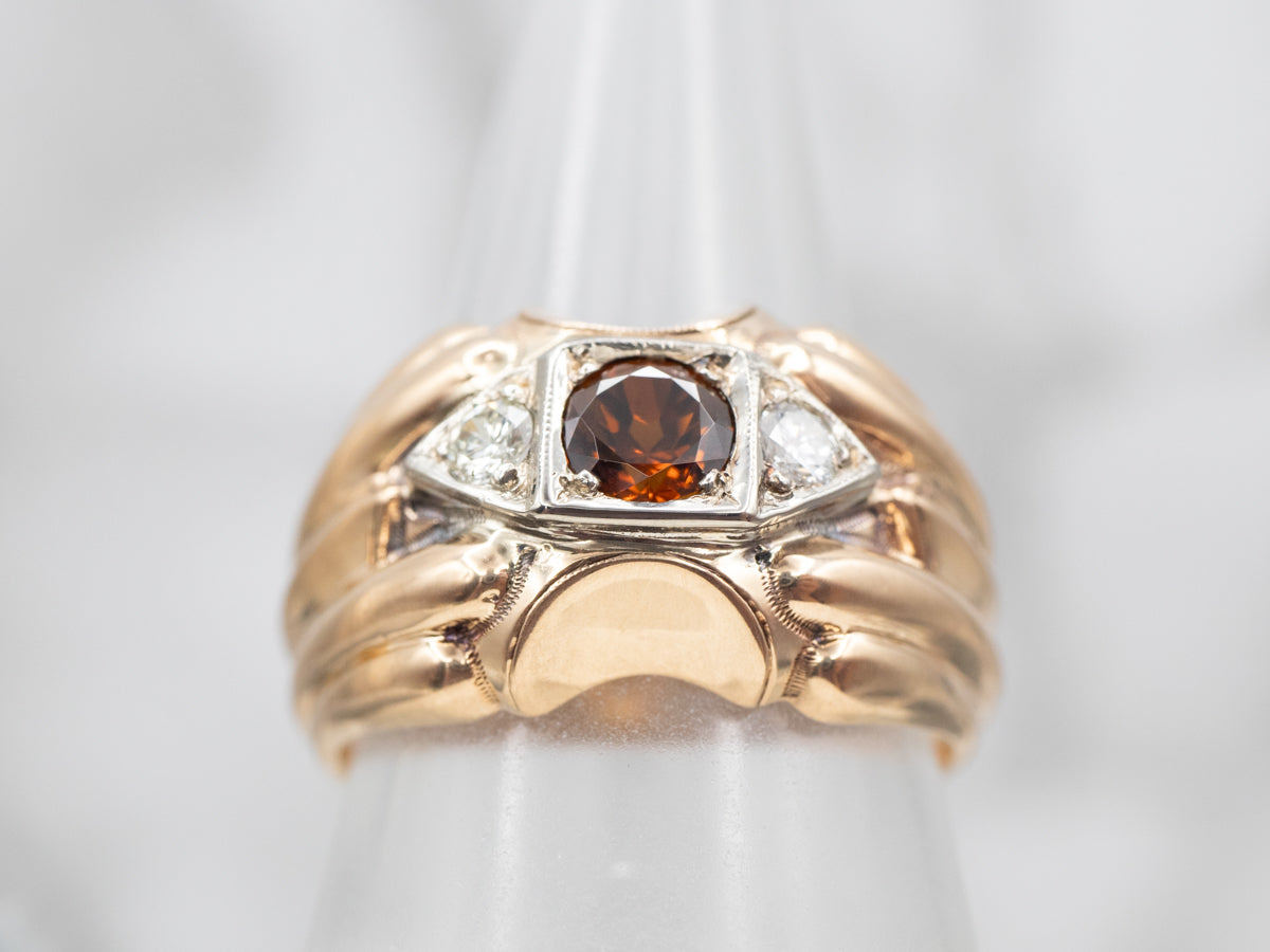 Anillo de diamantes y turmalina dravita de era retro para hombre