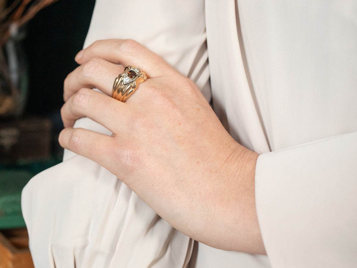 Anillo de diamantes y turmalina dravita de era retro para hombre