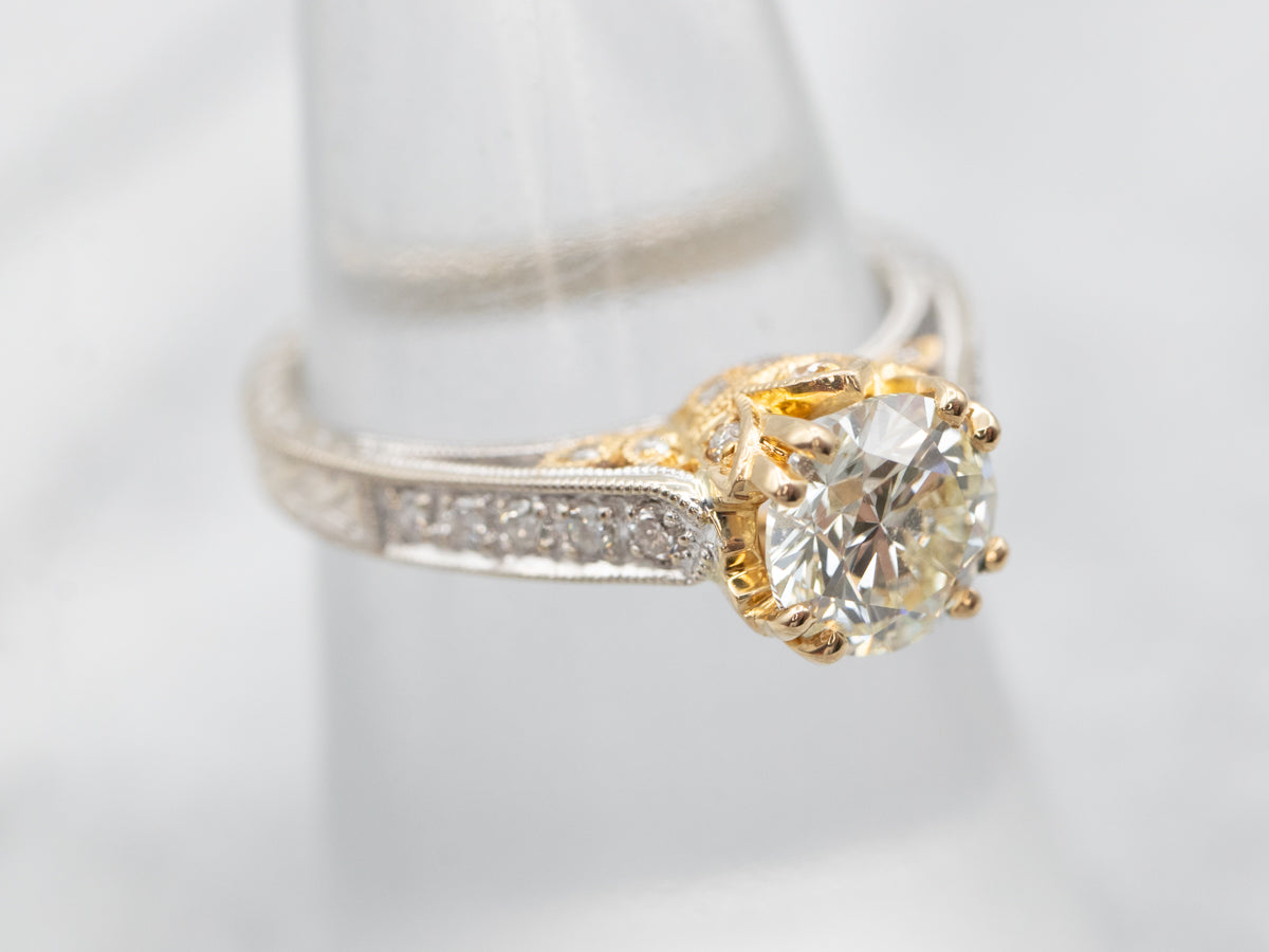 Modern Two Tone Diamond Engagement Ring with Diamond Accents