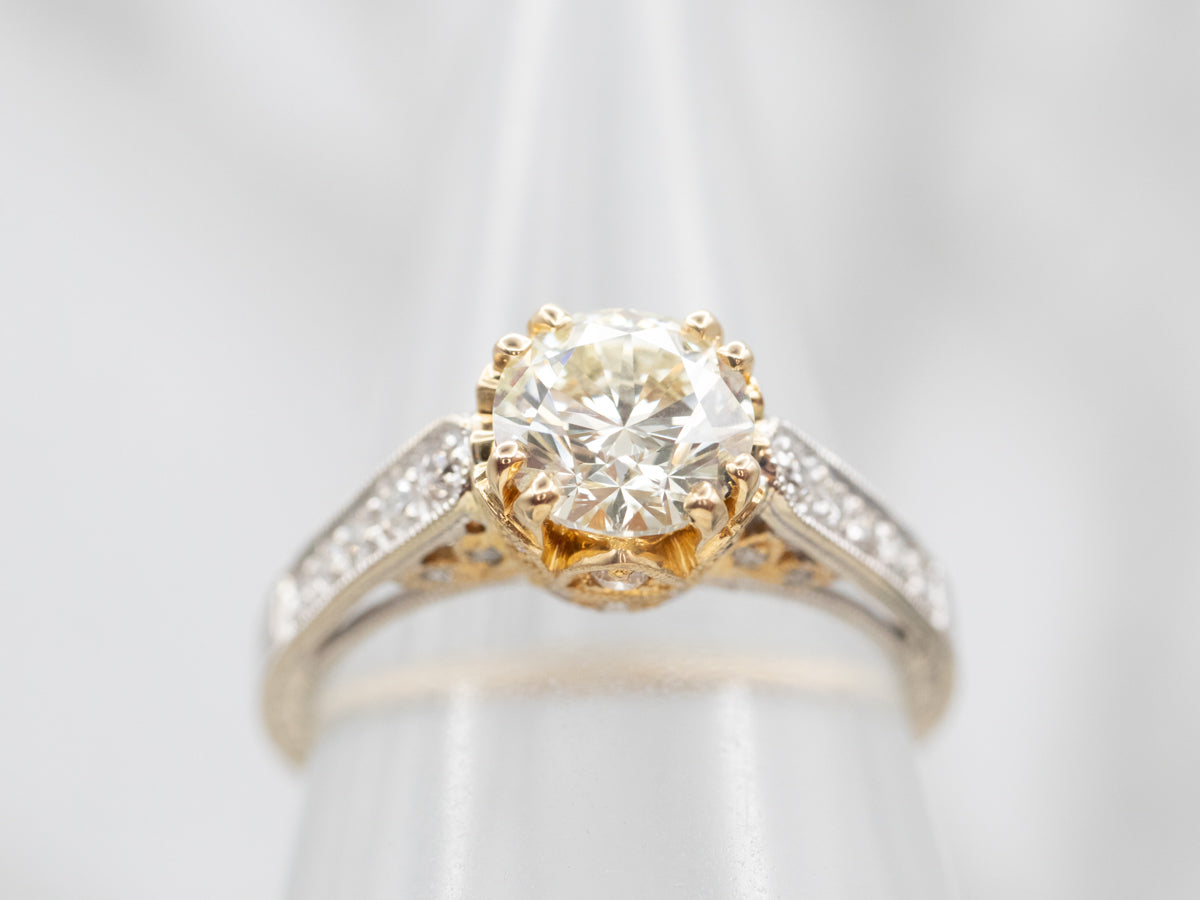 Modern Two Tone Diamond Engagement Ring with Diamond Accents