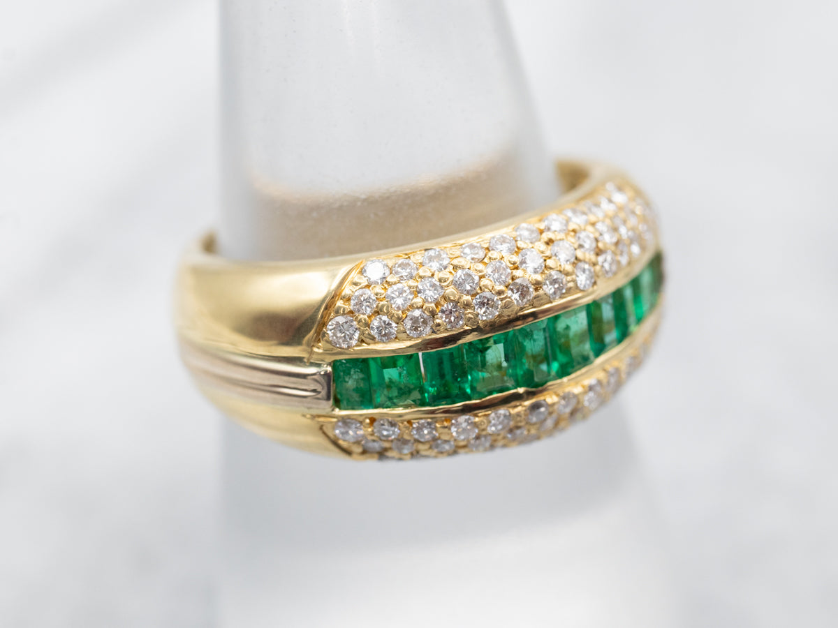 Luxurious Yellow Gold Emerald and Diamond Band