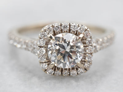 High-Quality White Gold Diamond Engagement Ring with Diamond Halo and Diamond Shoulders