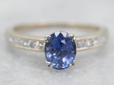 Elegant White Gold Sapphire Engagement Ring with Diamond Shoulders