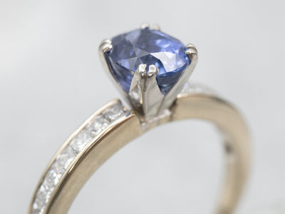 Elegant White Gold Sapphire Engagement Ring with Diamond Shoulders