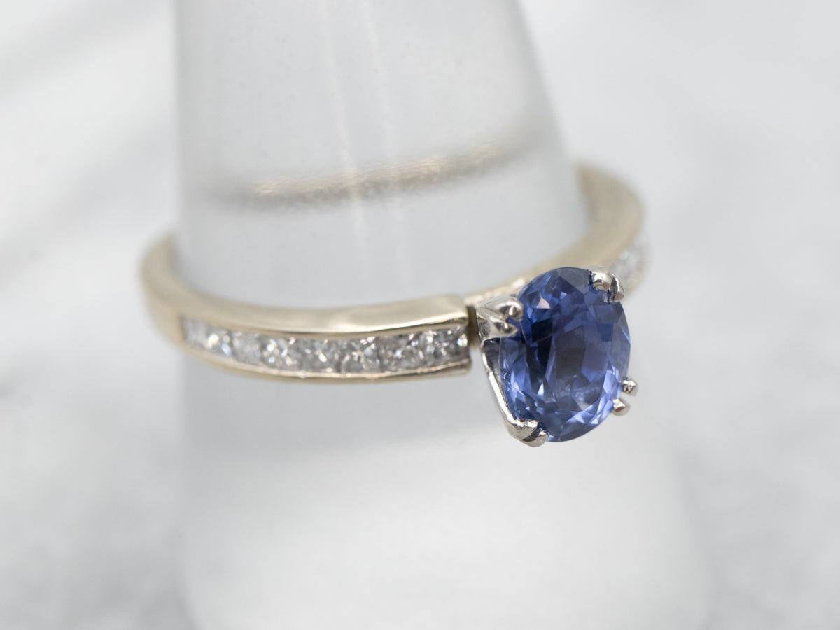 Elegant White Gold Sapphire Engagement Ring with Diamond Shoulders