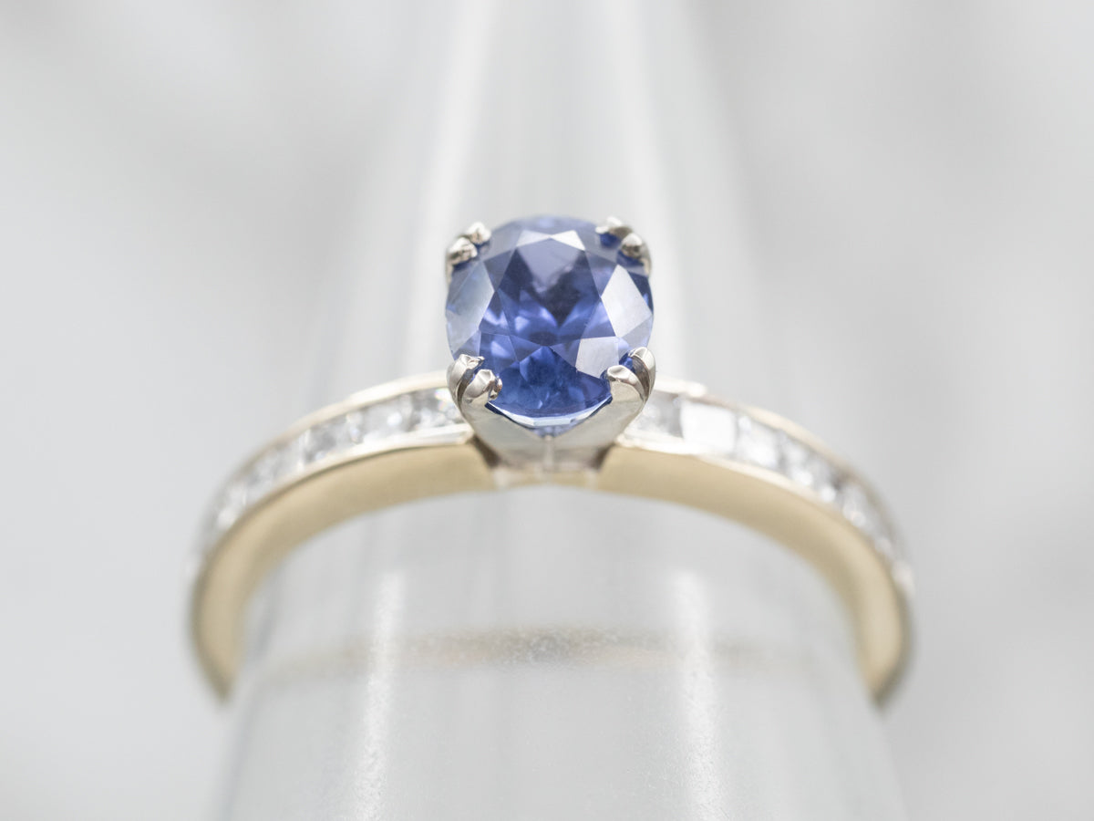 Elegant White Gold Sapphire Engagement Ring with Diamond Shoulders