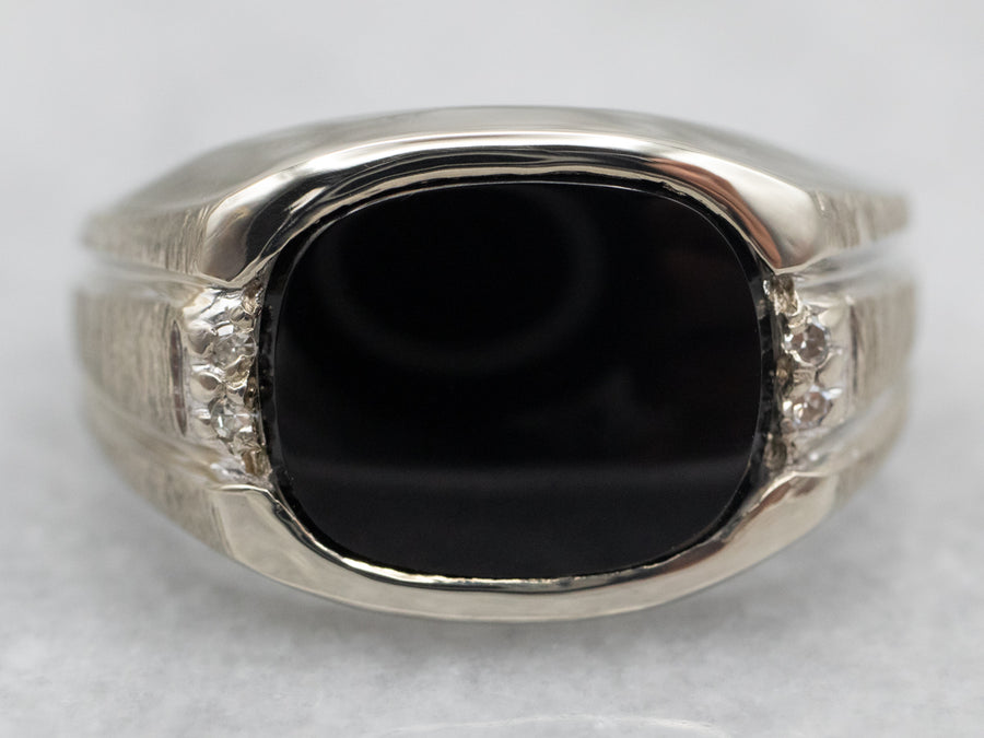 White Gold East West Black Onyx Ring with Diamond Accents