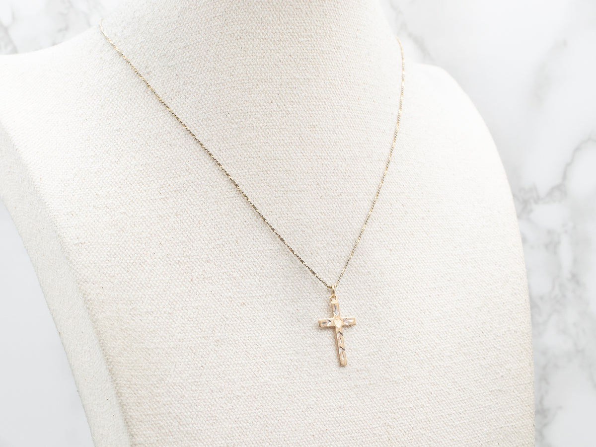 Two Tone Yellow and White Gold Cross Pendant with Heart Center