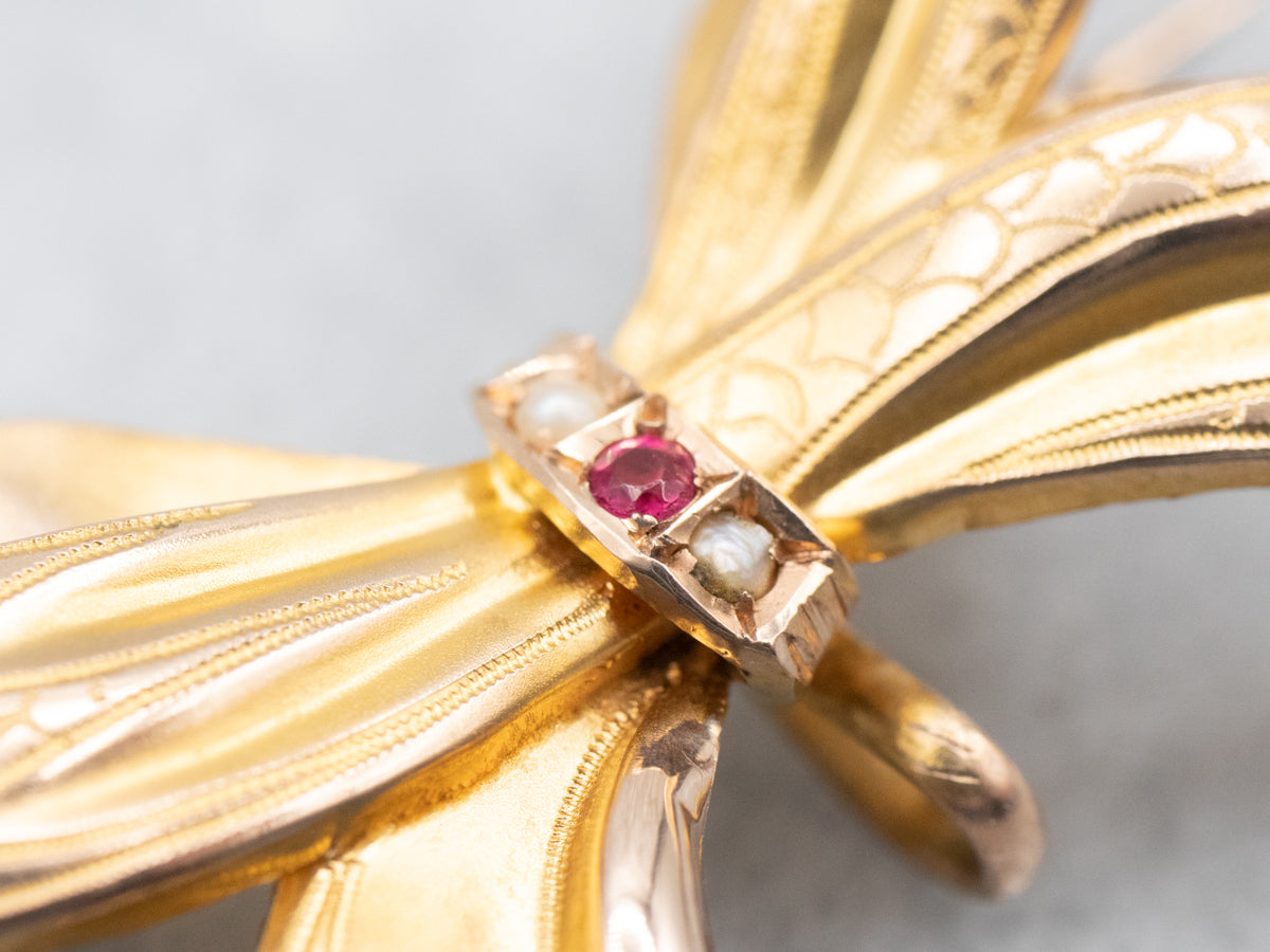 Victorian Gold Ruby Doublet and Seed Pearl Bow Brooch