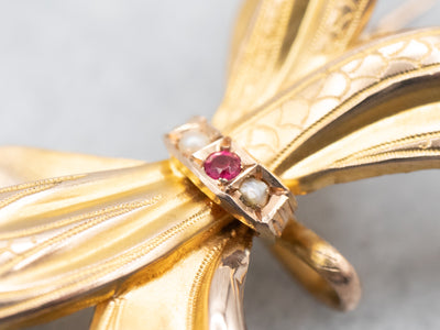 Victorian Gold Ruby Doublet and Seed Pearl Bow Brooch