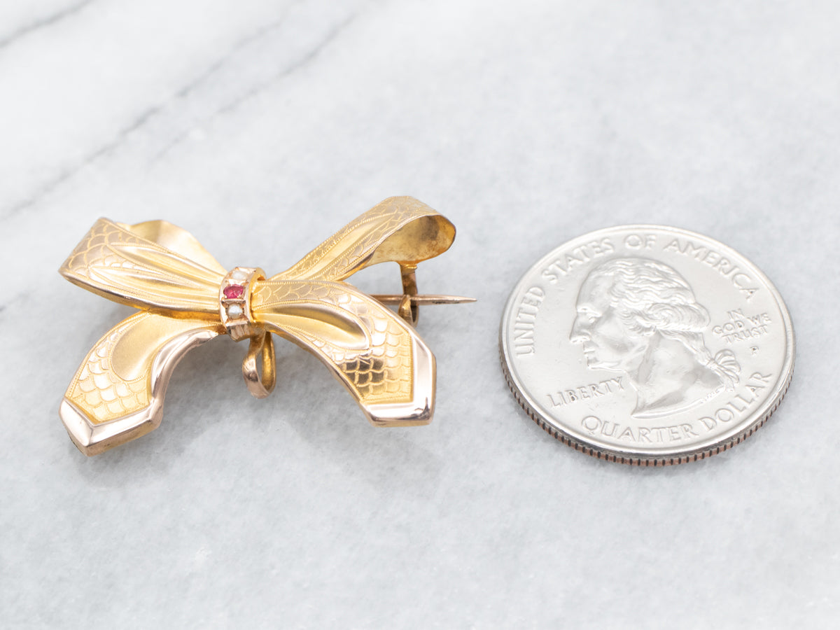 Victorian Gold Ruby Doublet and Seed Pearl Bow Brooch