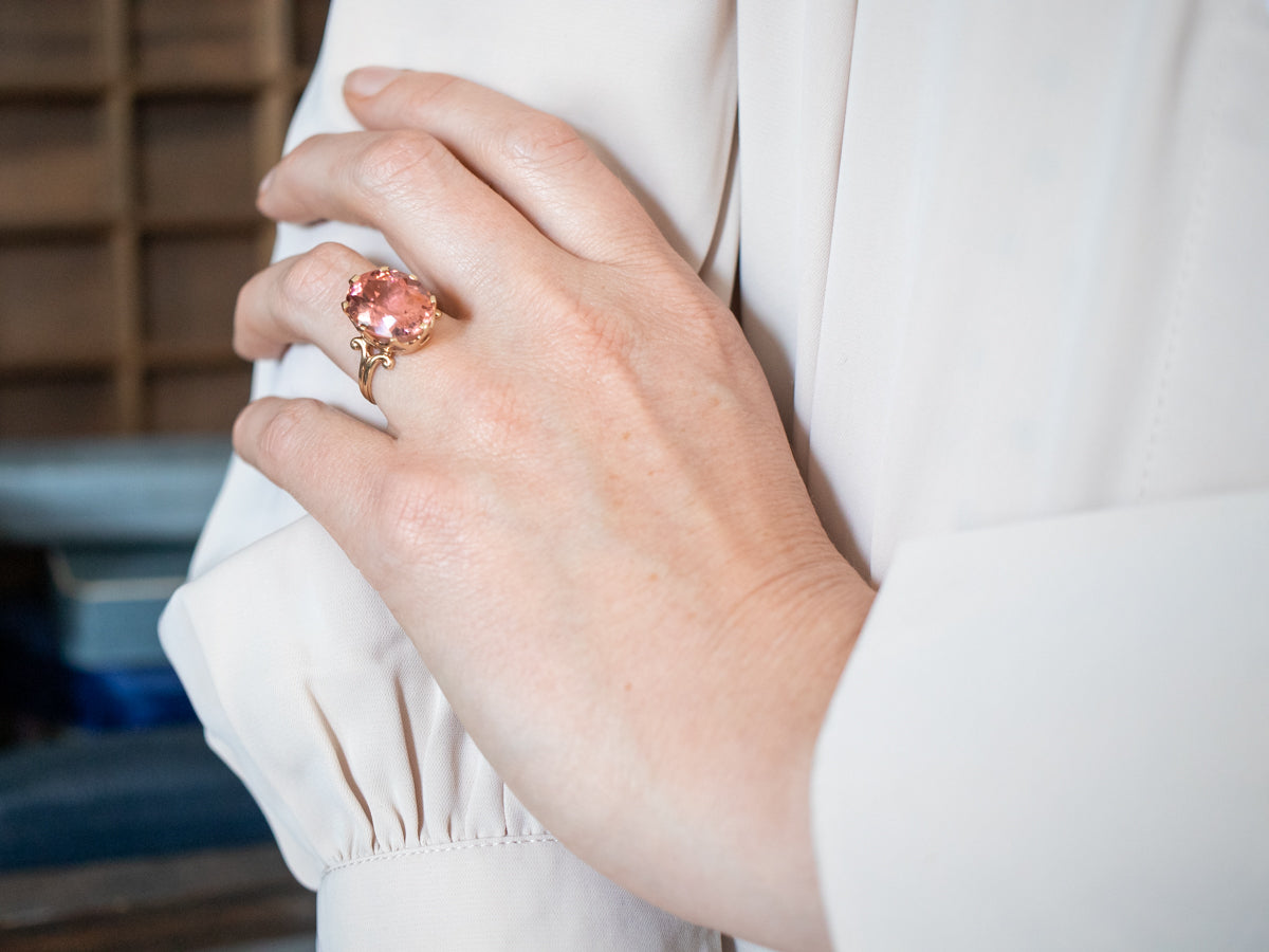 Stunning Yellow Gold Pink Tourmaline Solitaire Cocktail Ring