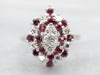 Sophisticated White Gold Diamond and Ruby Cluster Ring