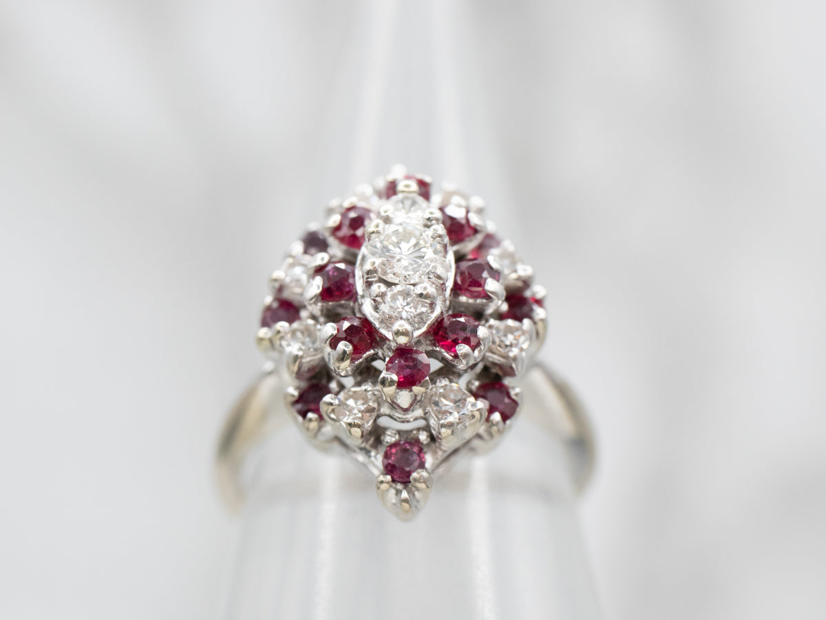 Sophisticated White Gold Diamond and Ruby Cluster Ring