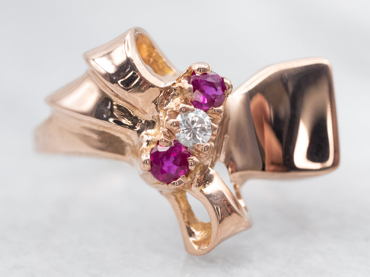 Radiant Rose Gold Diamond and Ruby Abstract Ring