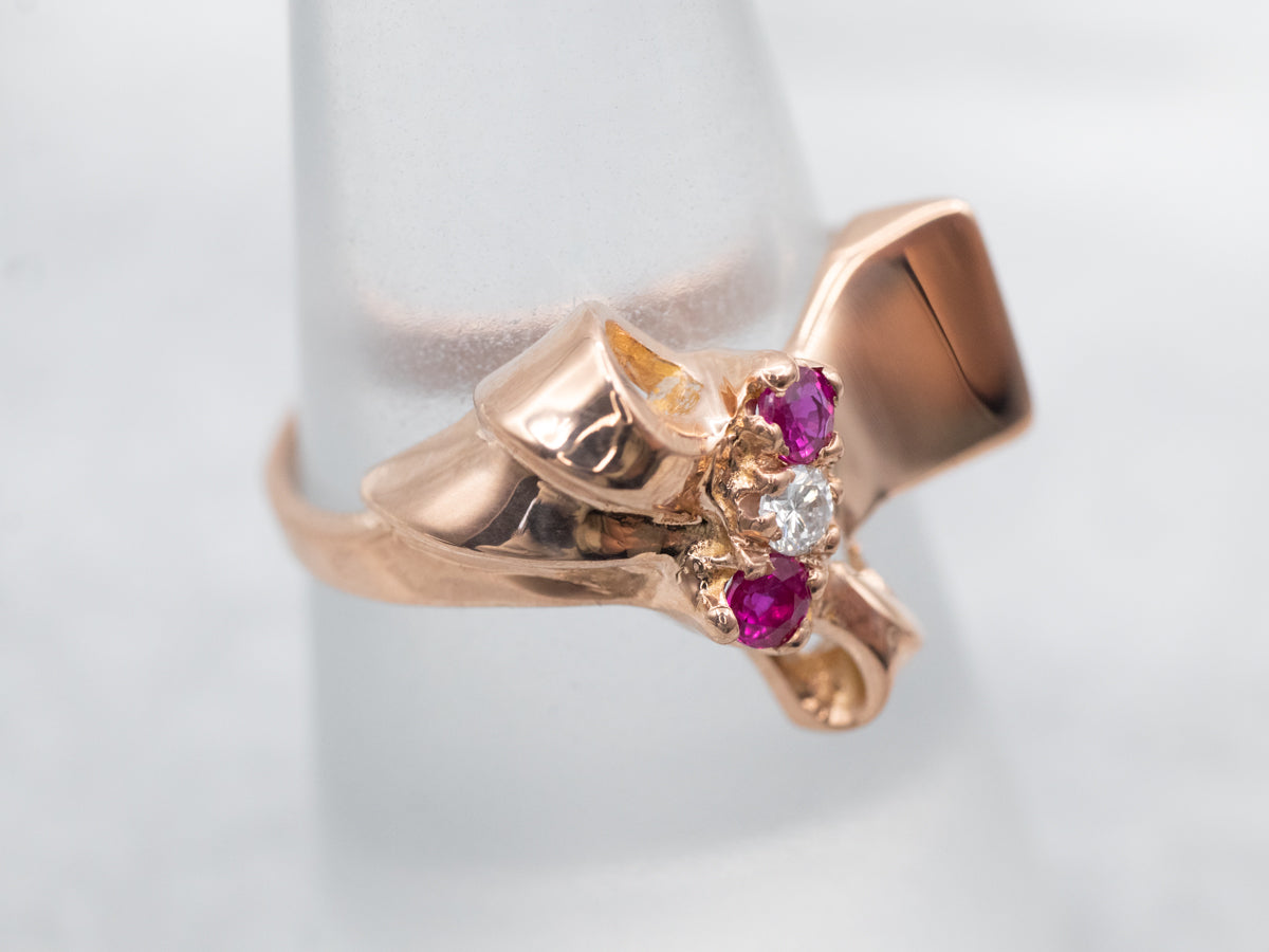 Radiant Rose Gold Diamond and Ruby Abstract Ring