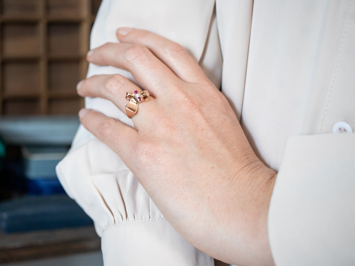 Radiant Rose Gold Diamond and Ruby Abstract Ring