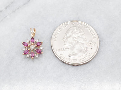 Dazzling Yellow Gold Ruby and Diamond Flower Pendant