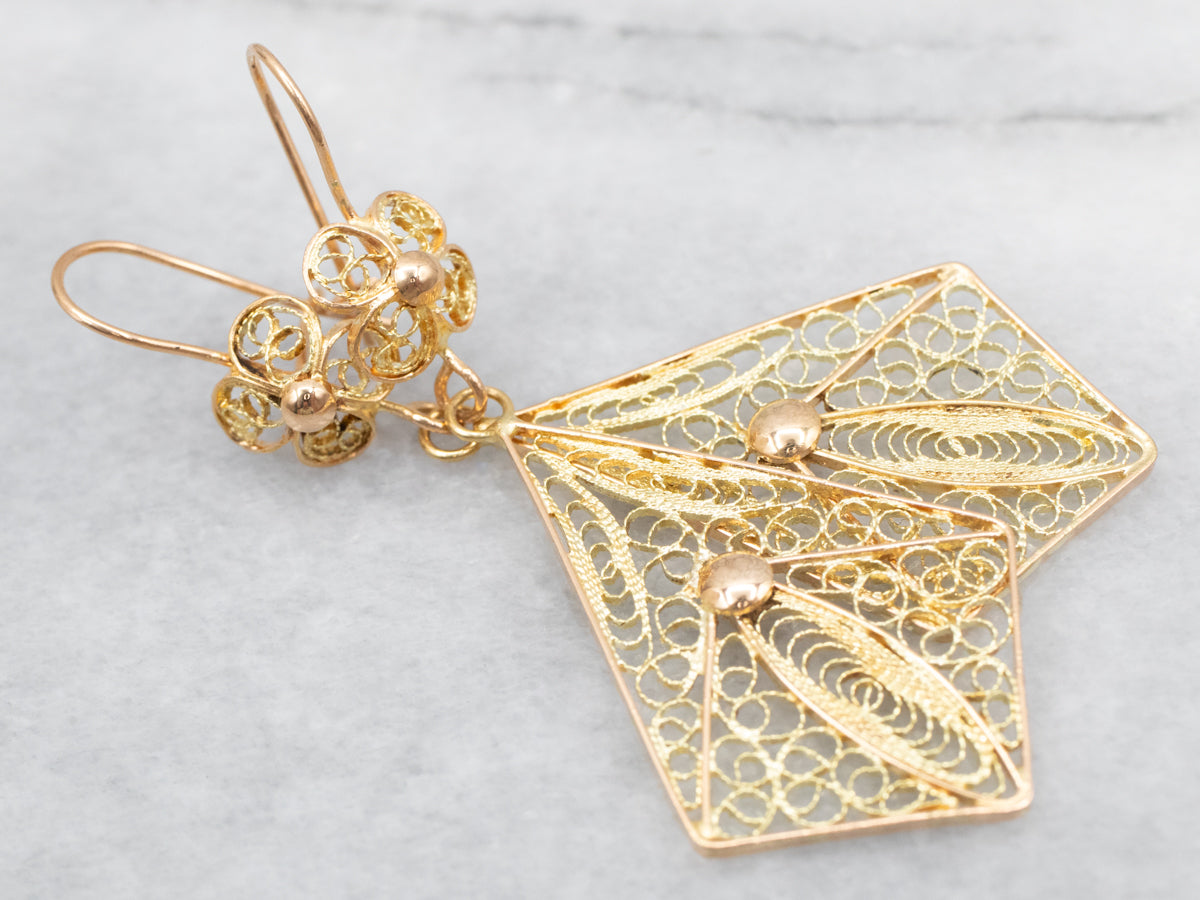 Floral 18-Karat Gold Filigree Drop Earrings