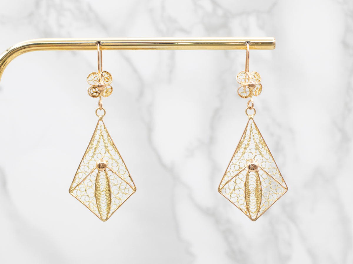 Floral 18-Karat Gold Filigree Drop Earrings