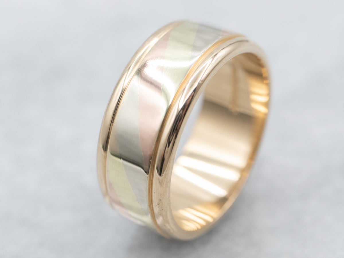Art Carved Tri-Color Gold Unisex Wedding Band