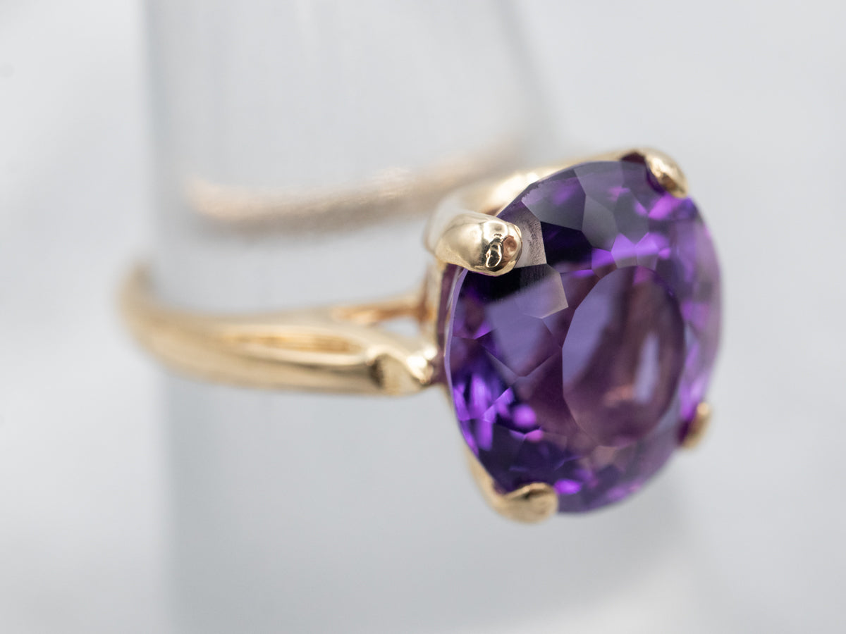 Large Solitaire Yellow Gold Amethyst Ring