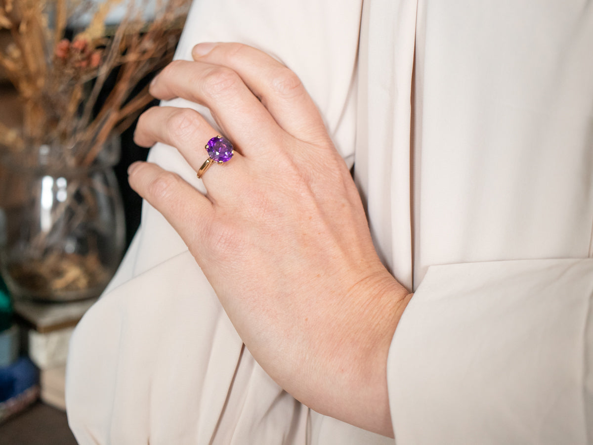 Large Solitaire Yellow Gold Amethyst Ring