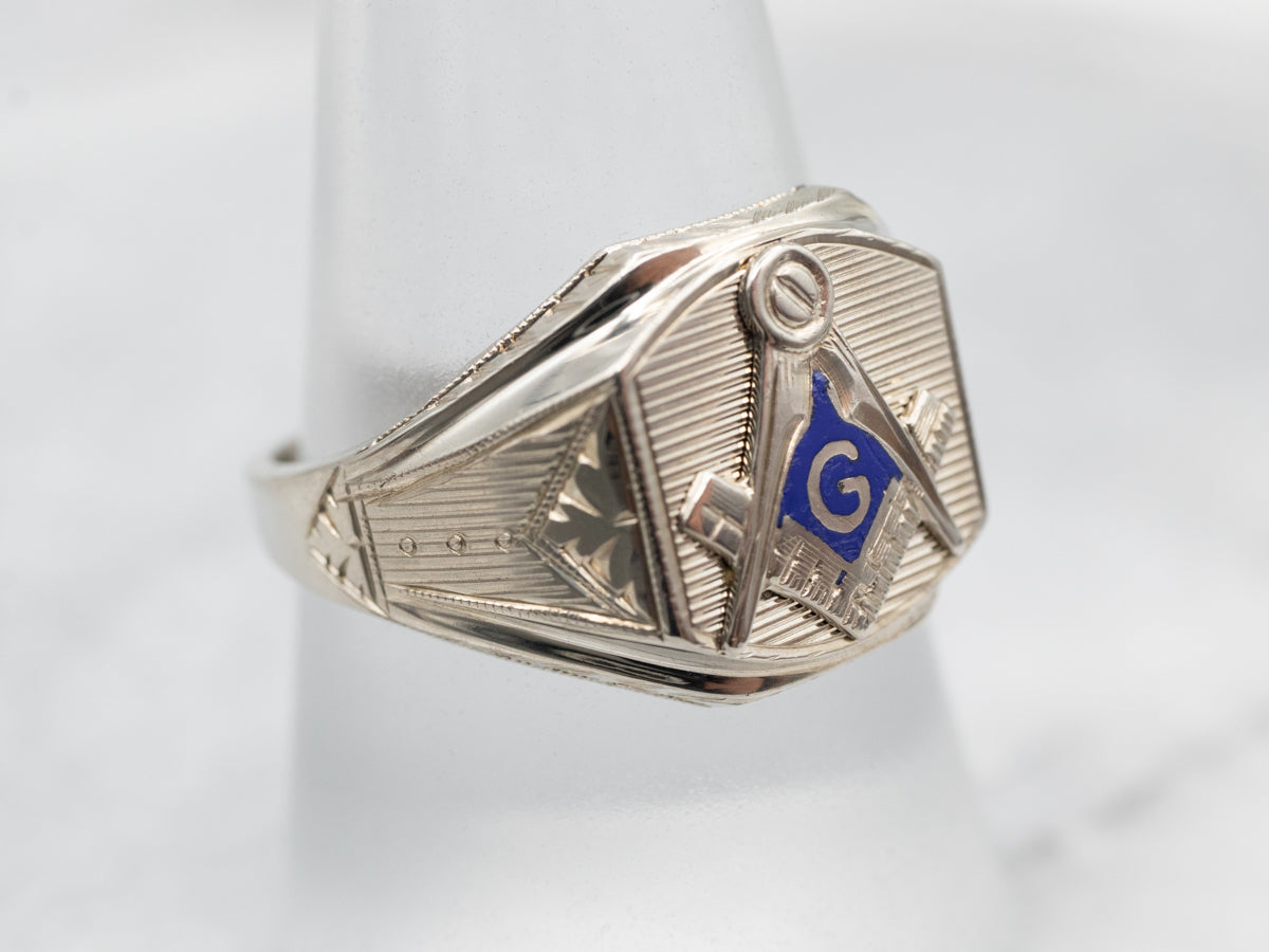 Premium White Gold Blue Enamel Masonic Ring