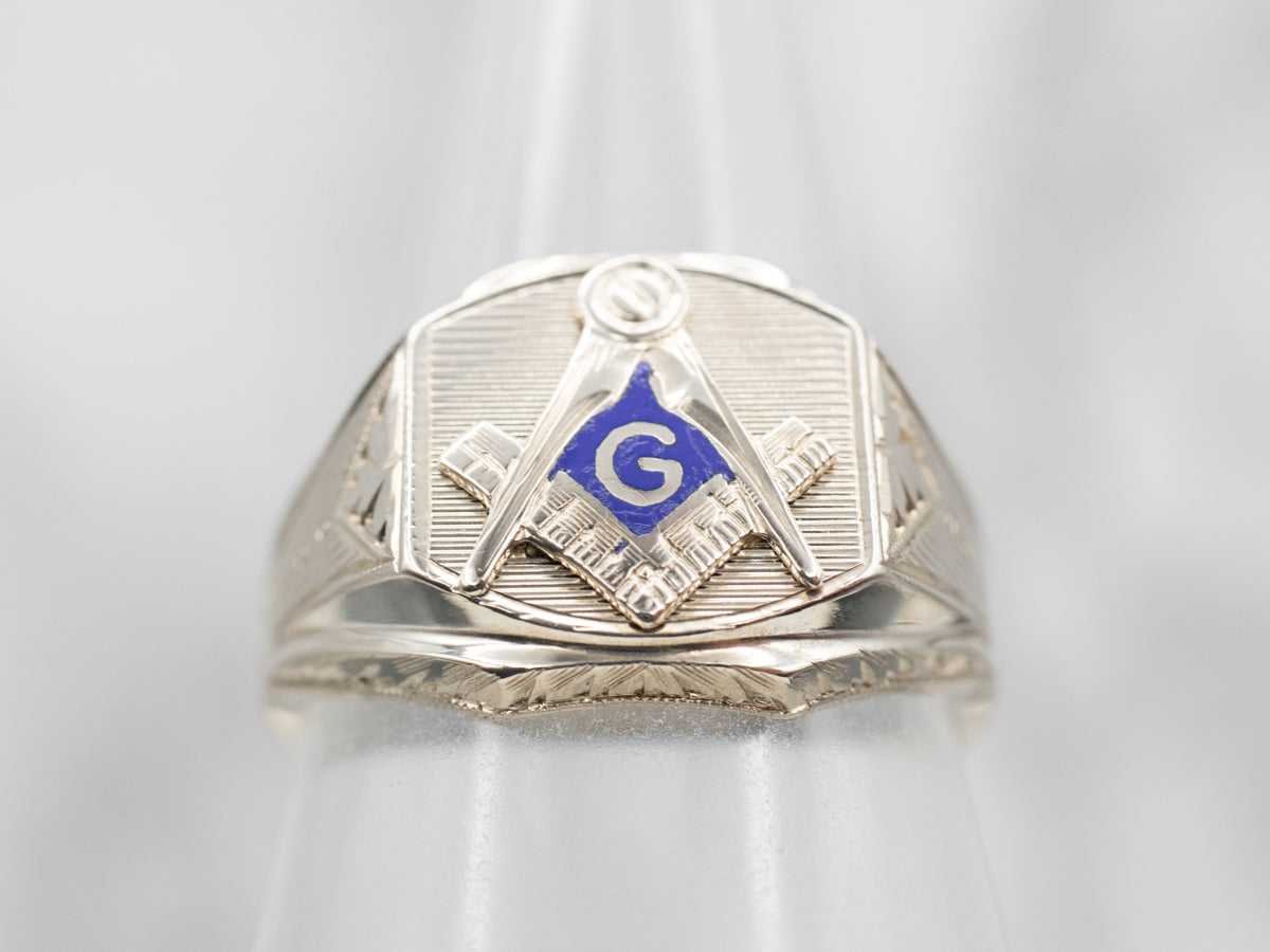 Premium White Gold Blue Enamel Masonic Ring