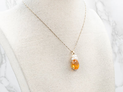 Elegant Yellow Gold Fire Opal and Pearls Pendant